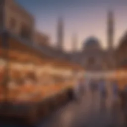 A vibrant market scene during Ramadan in the UAE, filled with colorful decorations and traditional goods.