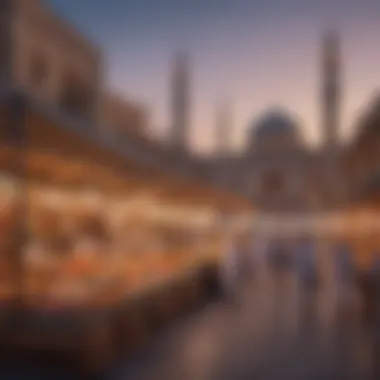 A vibrant market scene during Ramadan in the UAE, filled with colorful decorations and traditional goods.