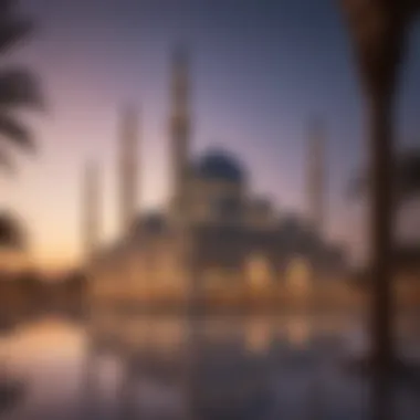 Mosque Illumination during Ramadan A beautiful mosque illuminated at dusk, symbolizing the spiritual significance of Ramadan.