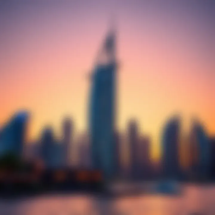 View of the building at sunset with the skyline of Dubai Marina in the background