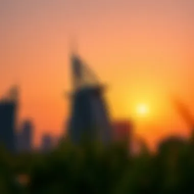 Sunset Silhouette of White Swan Building Sunset silhouette of the White Swan Building against the Dubai skyline