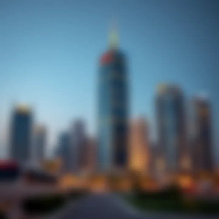 An evening view of Trade Center 1 illuminated against the Dubai skyline
