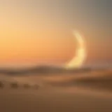 Majestic view of a crescent moon over a desert landscape symbolizing Ramadan.