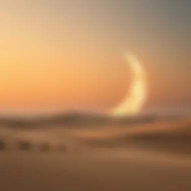 Majestic view of a crescent moon over a desert landscape symbolizing Ramadan.