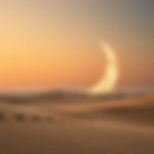 Majestic view of a crescent moon over a desert landscape symbolizing Ramadan.