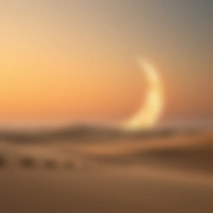Majestic view of a crescent moon over a desert landscape symbolizing Ramadan.