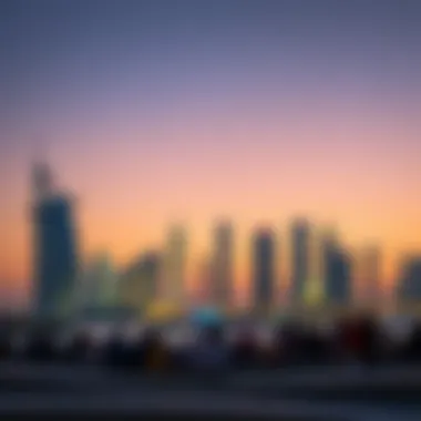 A tranquil evening view of Dubai's skyline adorned with festive lights for Ramadan.