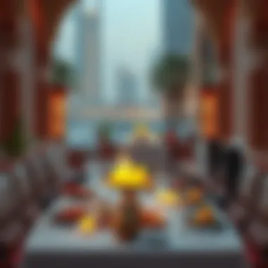 Traditional Iftar setup in a luxurious Dubai setting showcasing cultural heritage.