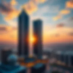 Architectural view of the Binary Tower at sunset