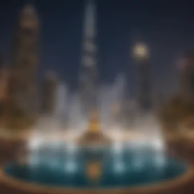 Illuminated Dancing Fountain Show Majestic view of the Dancing Fountain at Burj Khalifa, illuminated at night.