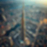 Aerial view highlighting the Burj Khalifa towering over Dubai