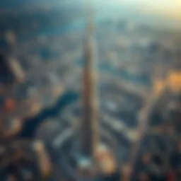 Aerial view highlighting the Burj Khalifa towering over Dubai