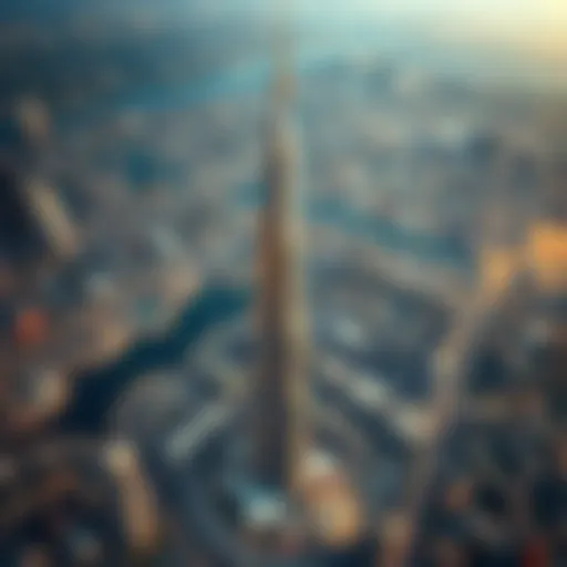 Aerial view highlighting the Burj Khalifa towering over Dubai