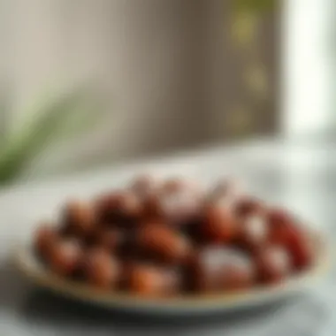 A close-up of Medjool dates arranged elegantly on a plate.