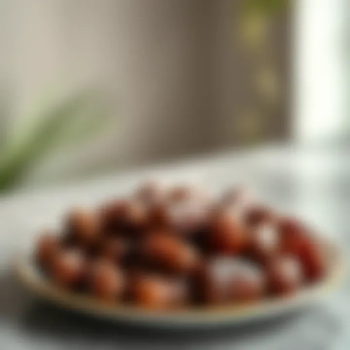 A close-up of Medjool dates arranged elegantly on a plate.