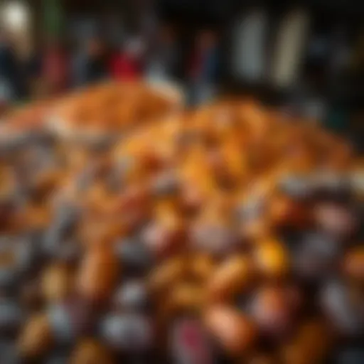 A vibrant display of assorted dates in a traditional market.