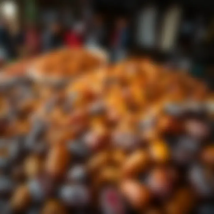 A vibrant display of assorted dates in a traditional market.