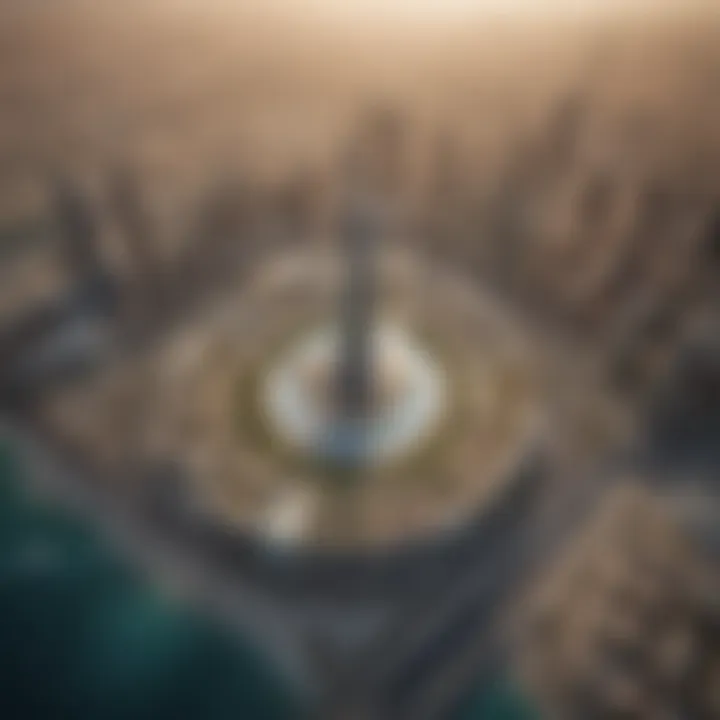 Aerial view of Yas Tower against the Dubai skyline